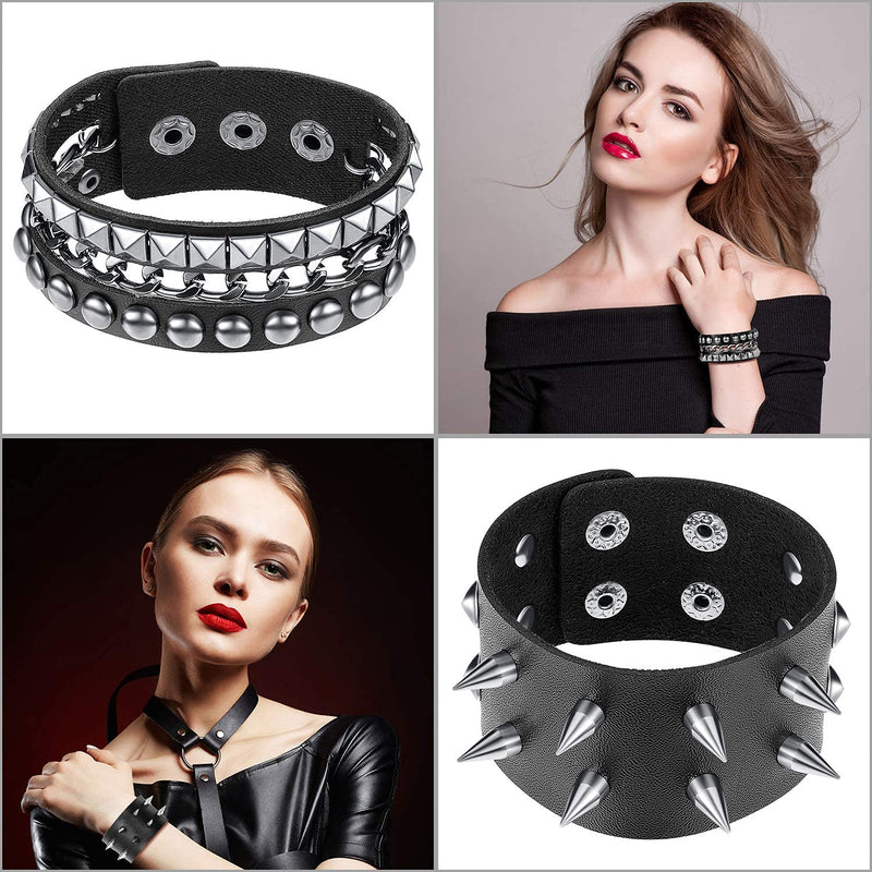 Hicarer 6 Pieces Punk Studded Bracelet Rivets Bracelet Leather Rivets Bracelet Cuff for Men Women Classic Style